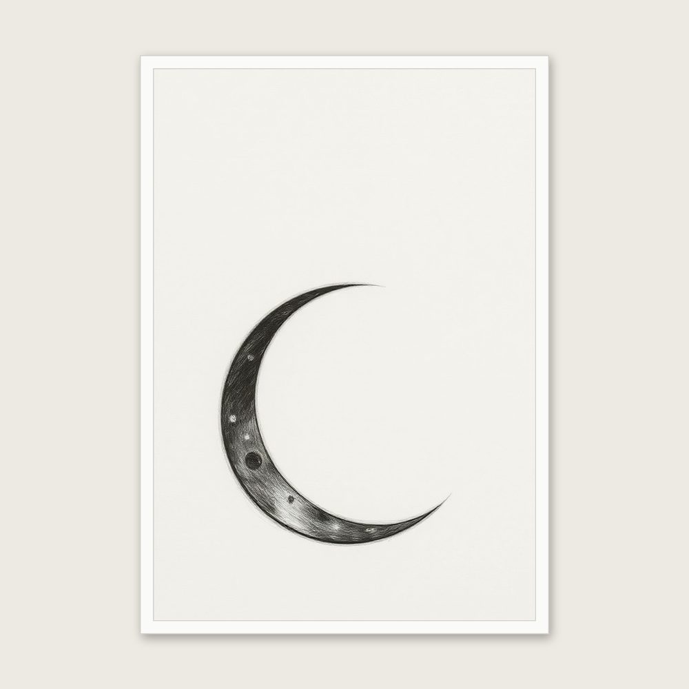 Framed Charcoal Print of A Waning Crescent Moon - Black & White Celestial Wall Art - White Frame, A3