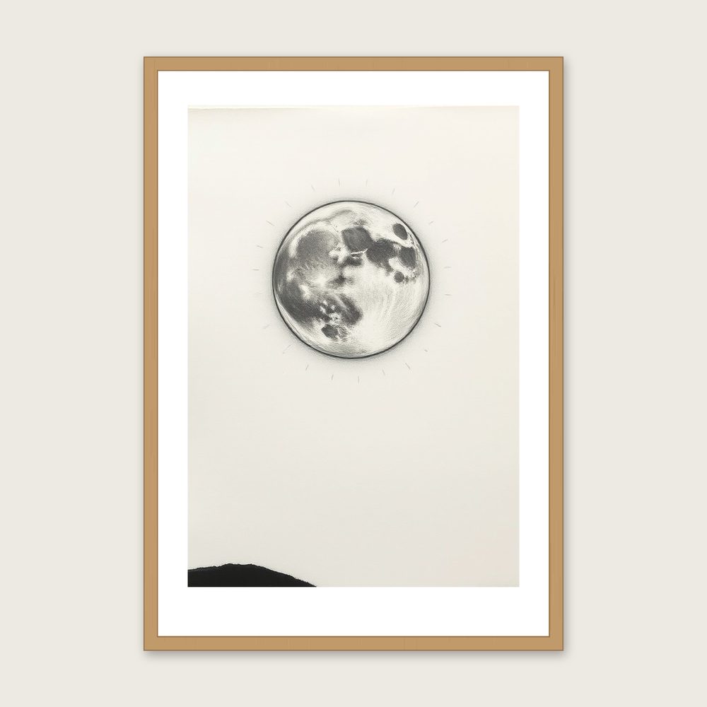 A Wolf Moon in January Charcoal Print - Framed Black & White Celestial Wall Art in a oak frame