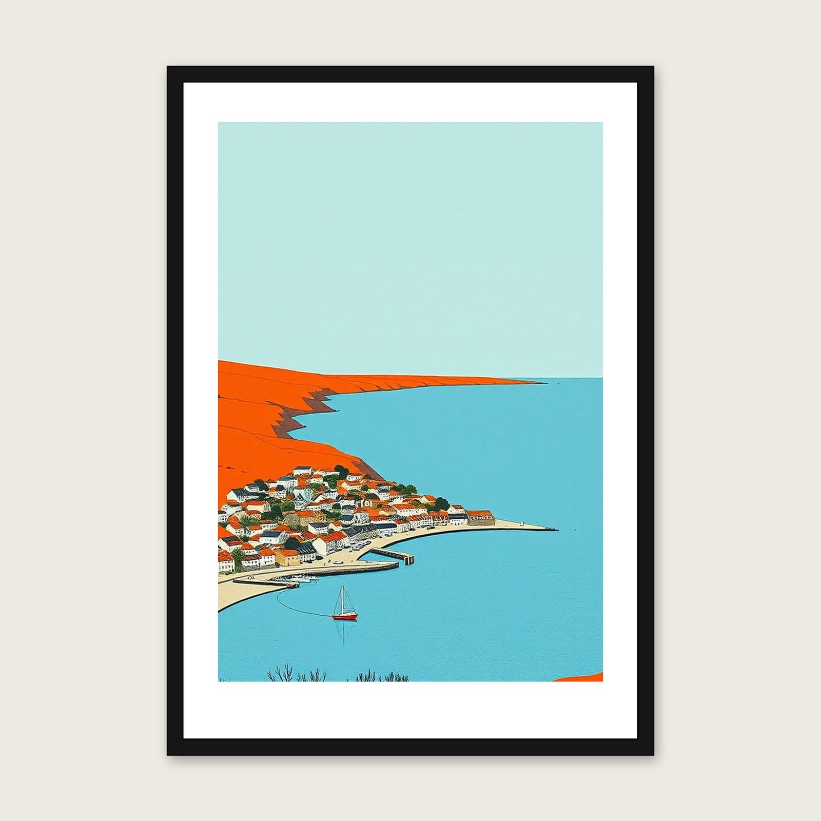 Framed Gouache Print of The Pembrokeshire Coast - Bold Colour Landscape Wall Art shown in a black frame