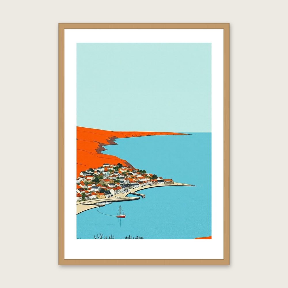 Framed Gouache Print of The Pembrokeshire Coast - Bold Colour Landscape Wall Art - Oak Frame, A3