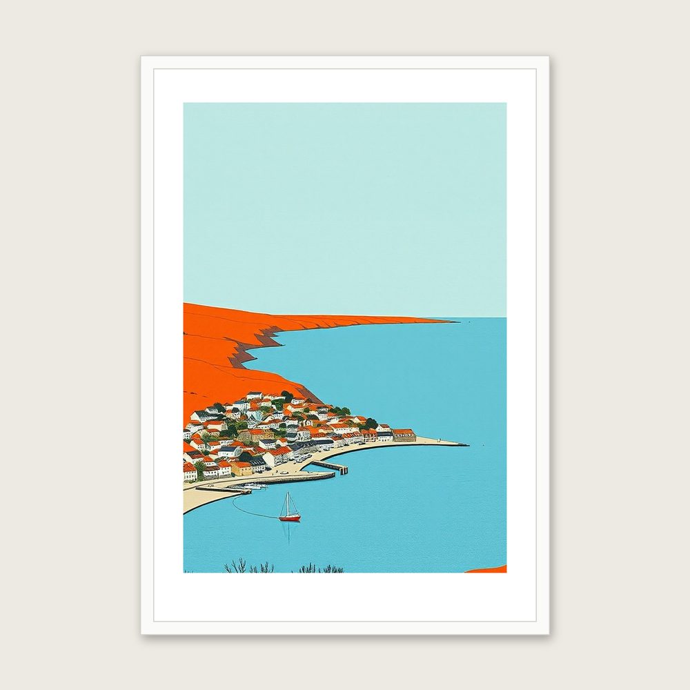 Framed Gouache Print of The Pembrokeshire Coast - Bold Colour Landscape Wall Art - White Frame, A3