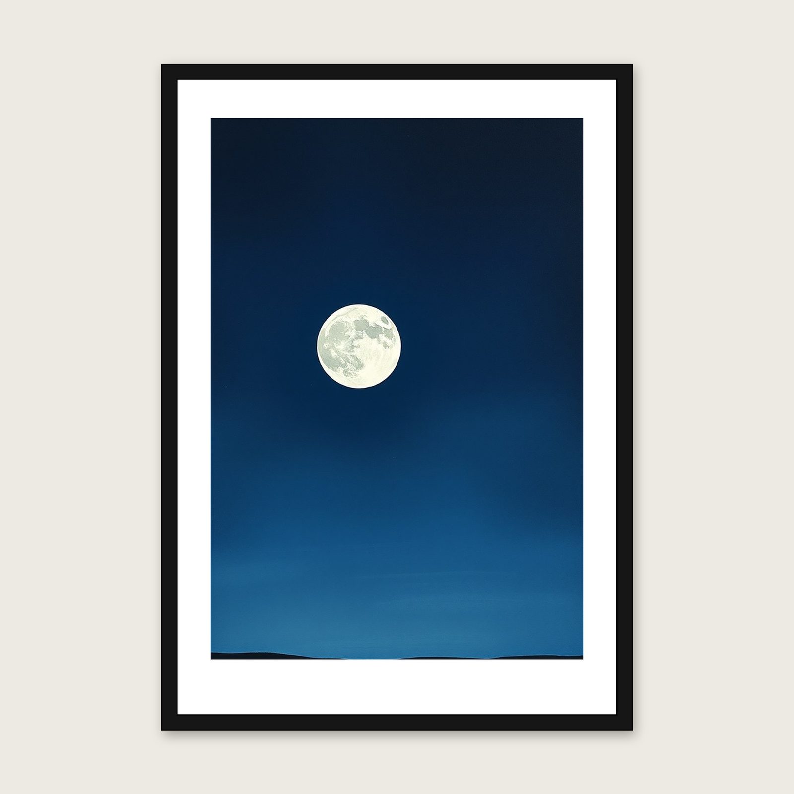 Framed Gouache Print of A Snow Moon in February - Two Tone Celestial Wall Art shown in a black frame