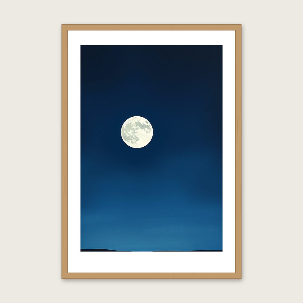 Framed Gouache Print of A Snow Moon in February - Two Tone Celestial Wall Art in a oak frame