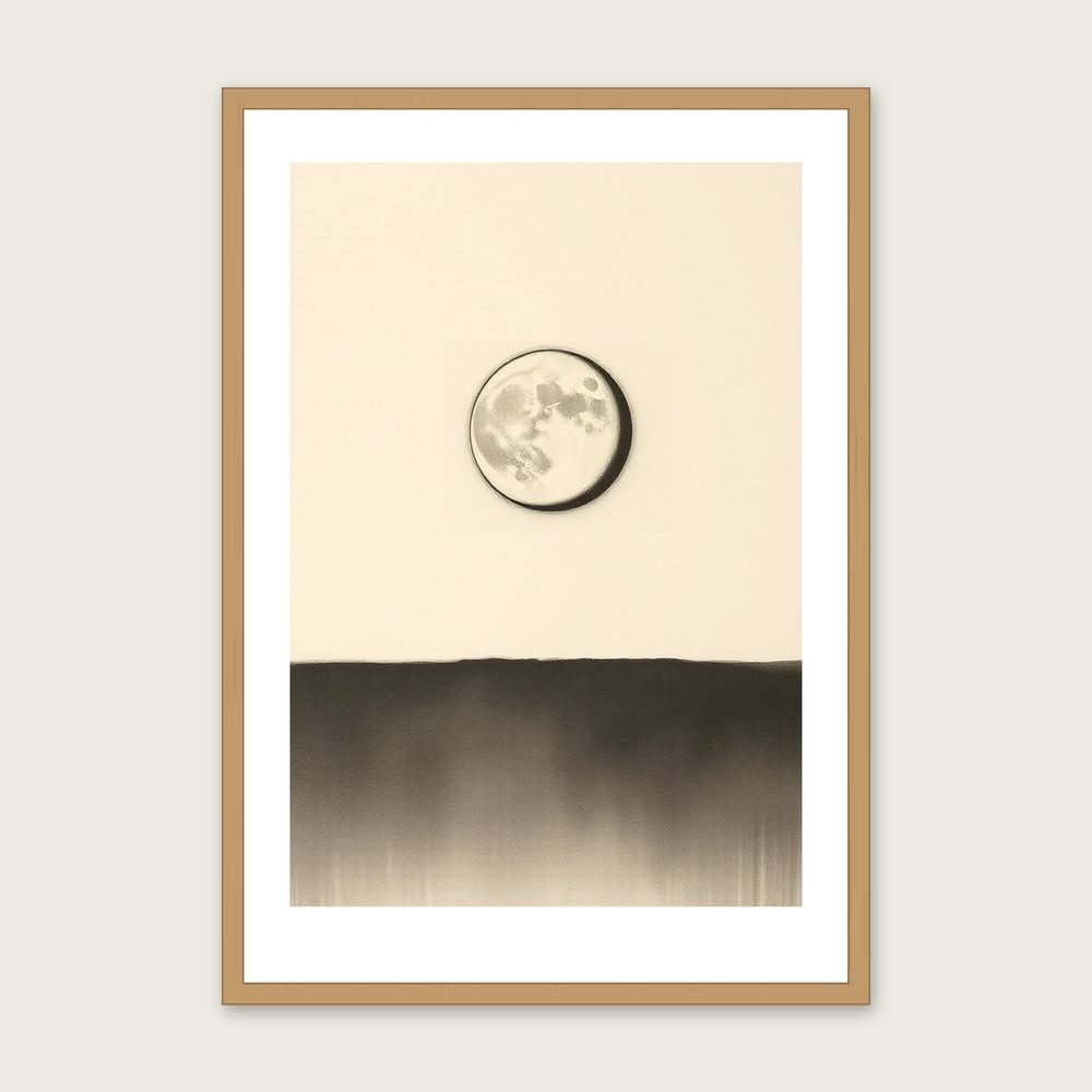 A Last Quarter Moon - Framed Charcoal Celestial Print in Black & White in a oak frame