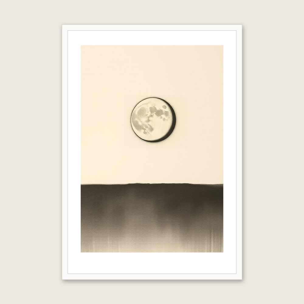 A Last Quarter Moon - Framed Charcoal Celestial Print in Black & White in a white frame