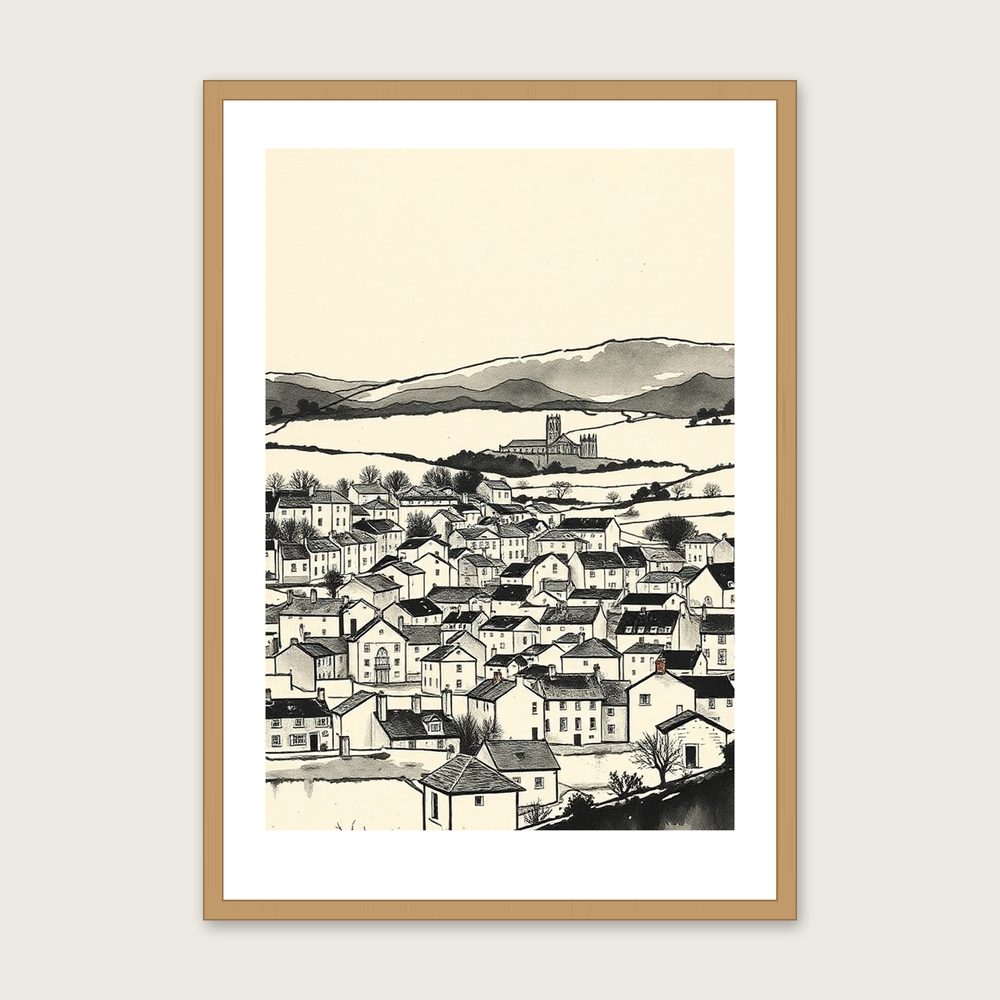 Bannau Brycheiniog Ink Wash Print - Framed Neutral & Beige Landscape Wall Art in a oak frame