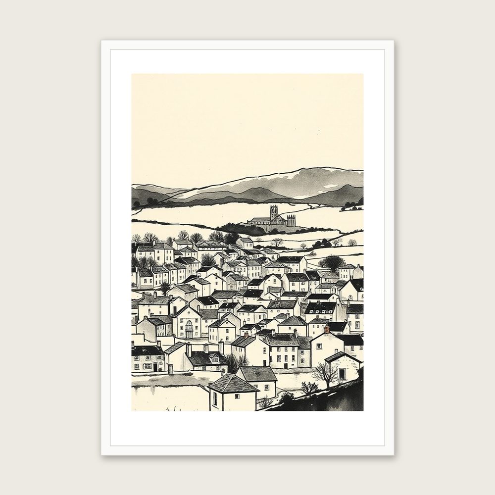 Bannau Brycheiniog Ink Wash Print - Framed Neutral & Beige Landscape Wall Art in a white frame