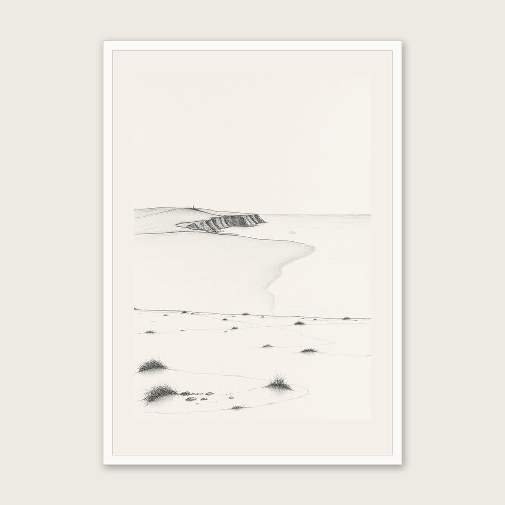 The Pembrokeshire Coast Landscape Wall Art - Framed Black & White Charcoal Print in a white frame
