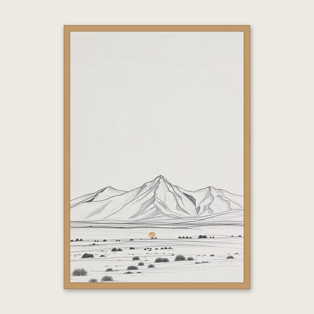 The Cairngorms - Framed Pencil Sketch Landscape Print in Neutral & Beige - Oak Frame, A3