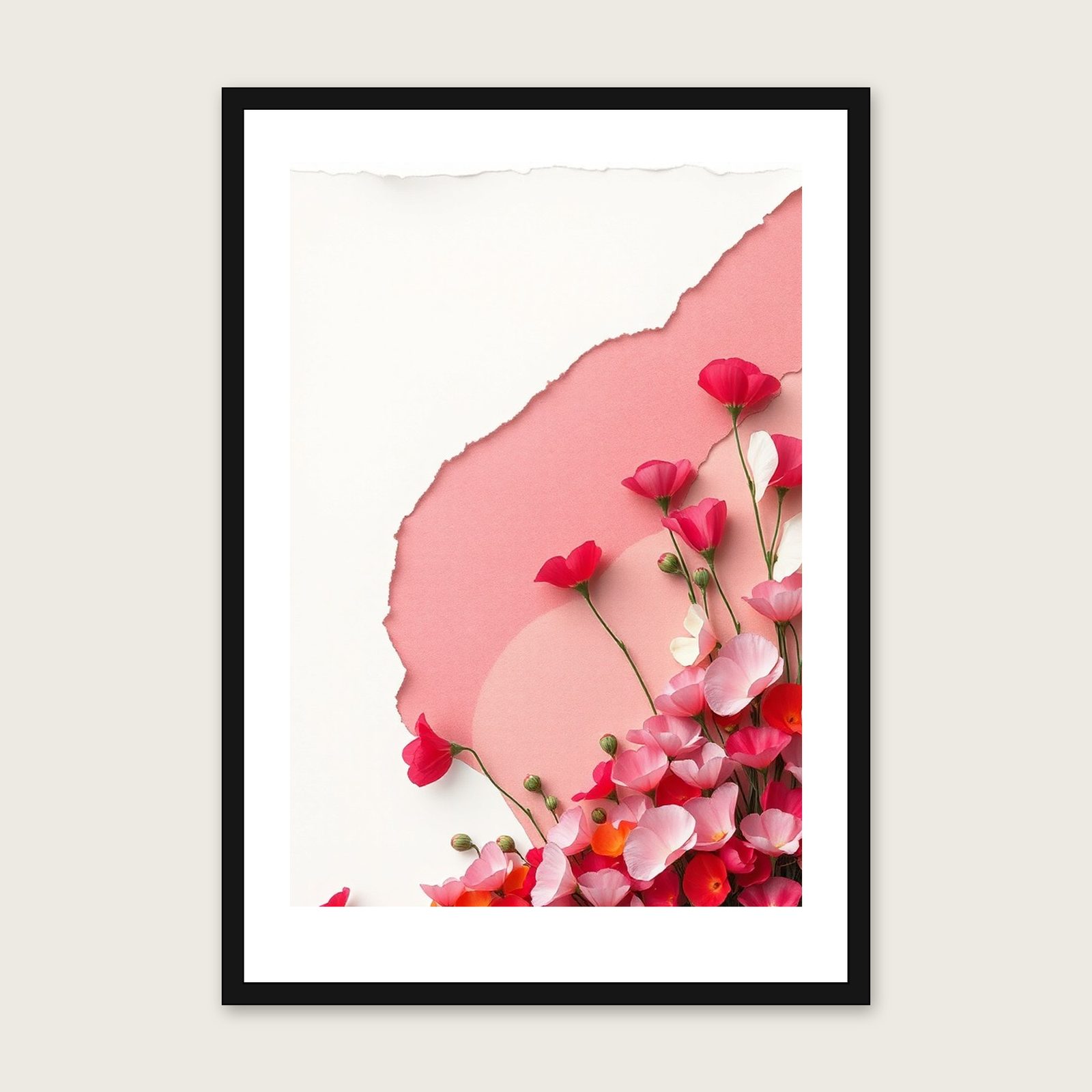 Framed Collage Print of Sweet Pea - Colourful Botanical Wall Art shown in a black frame
