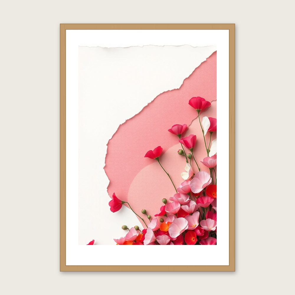 Framed Collage Print of Sweet Pea - Colourful Botanical Wall Art in a oak frame