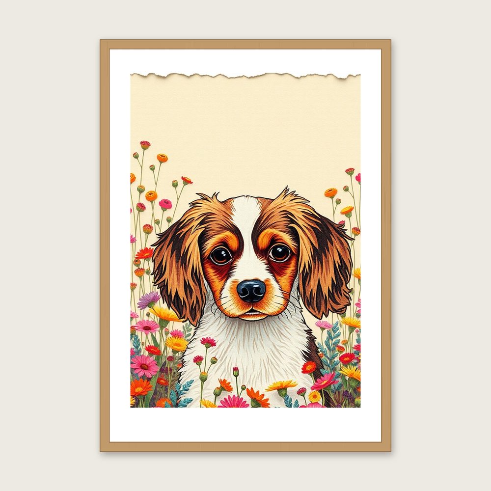 English Toy Spaniel Collage Print - Framed Colourful Animal Wall Art in a oak frame