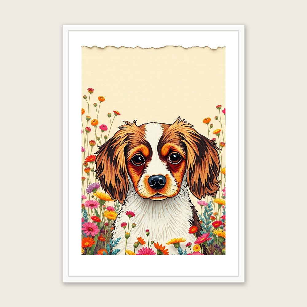 English Toy Spaniel Collage Print - Framed Colourful Animal Wall Art in a white frame