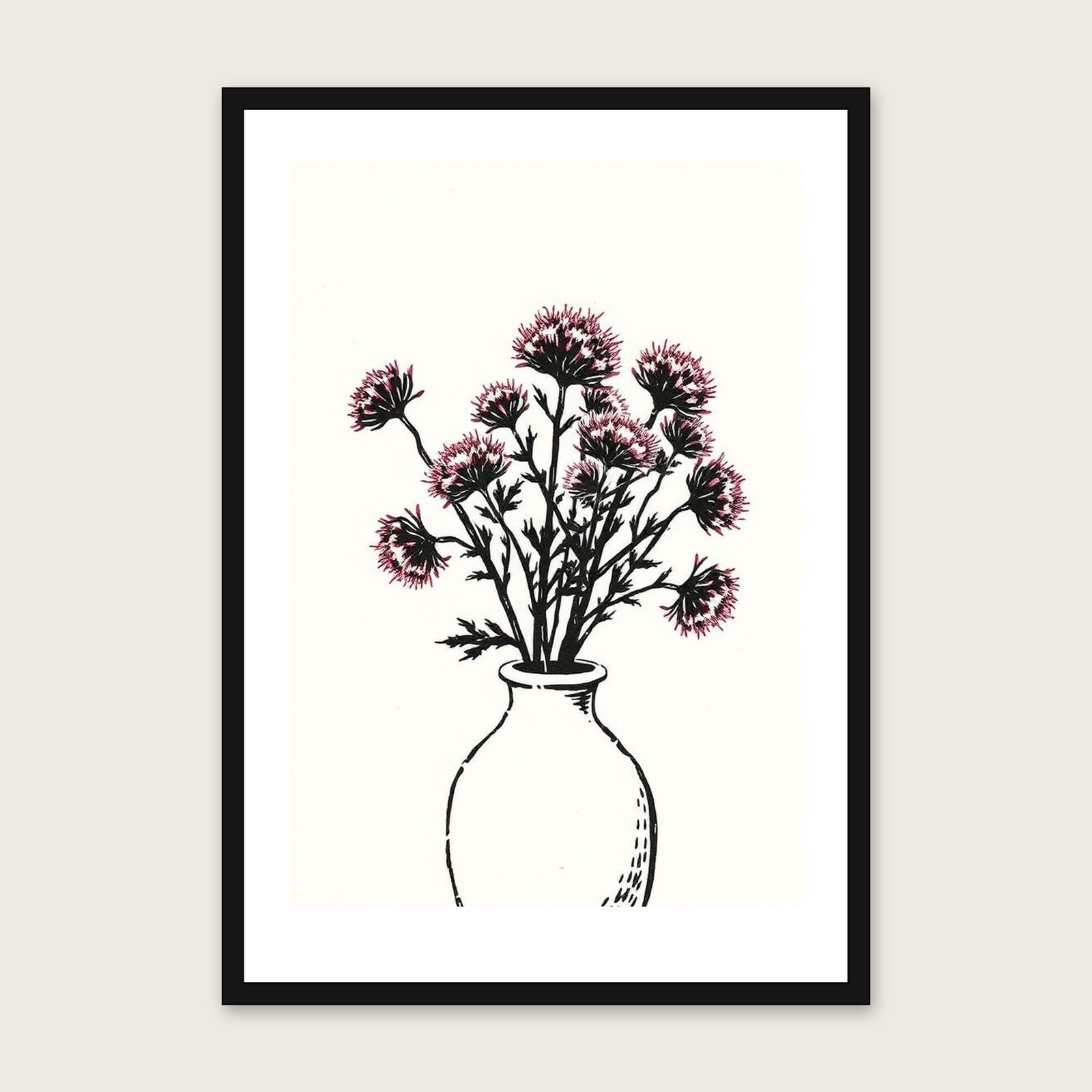 Heather in Flower Linocut Print - Framed Two Tone Botanical Wall Art shown in a black frame