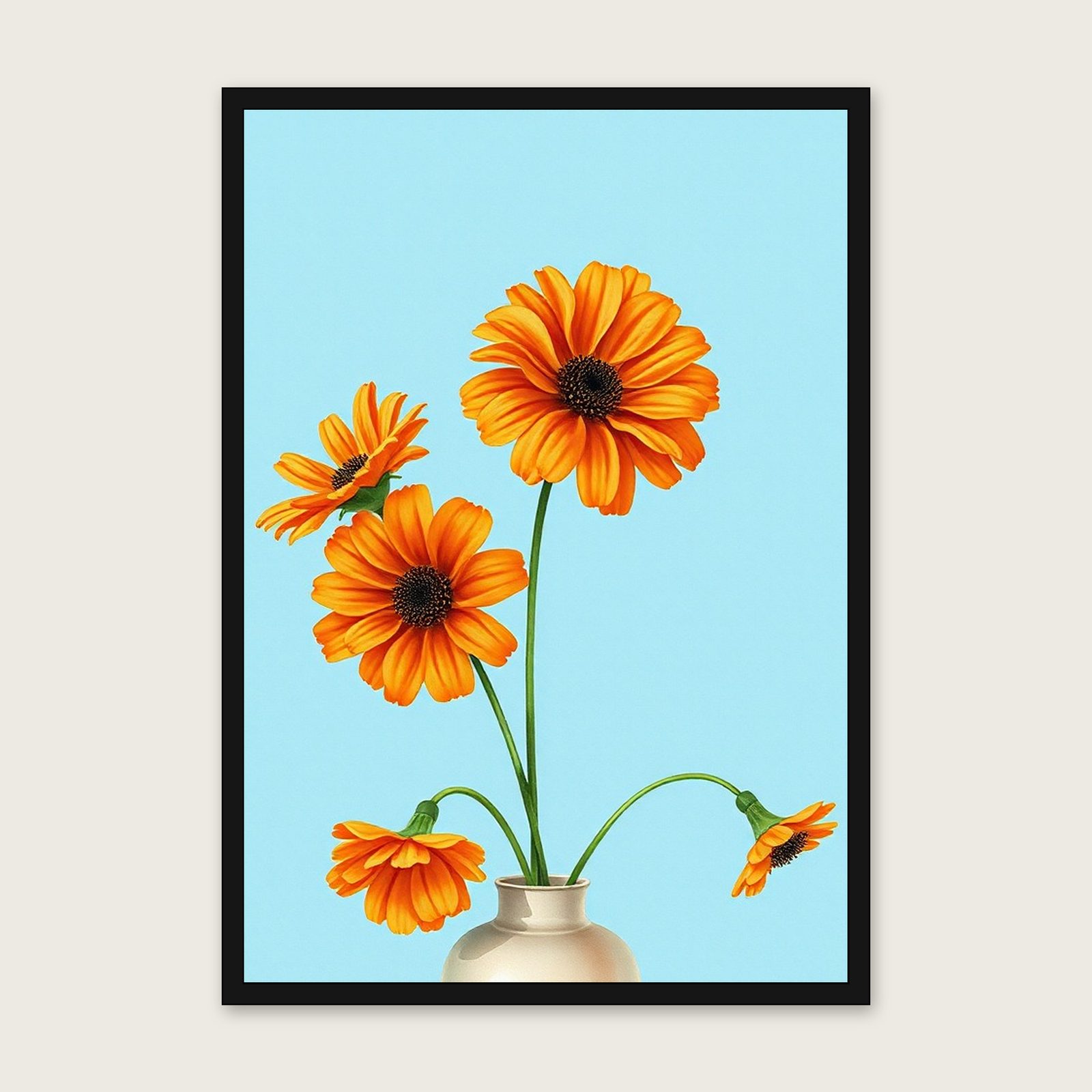 Tithonia Watercolour Print - Framed Bold Colour Botanical Wall Art shown in a black frame