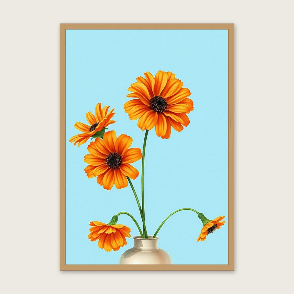 Tithonia Watercolour Print - Framed Bold Colour Botanical Wall Art - Oak Frame, A3