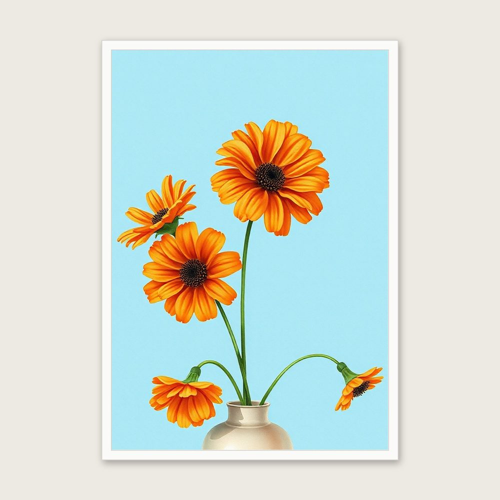 Tithonia Watercolour Print - Framed Bold Colour Botanical Wall Art - White Frame, A3