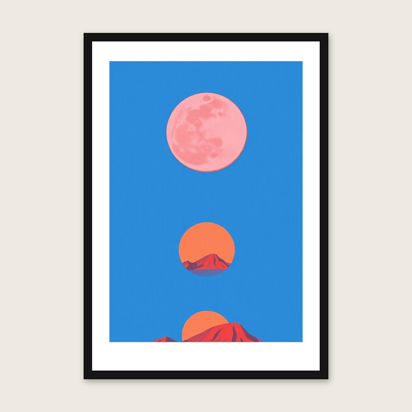 A Pink Moon in April Gouache Wall Art - Framed Bold Colour Print shown in a black frame
