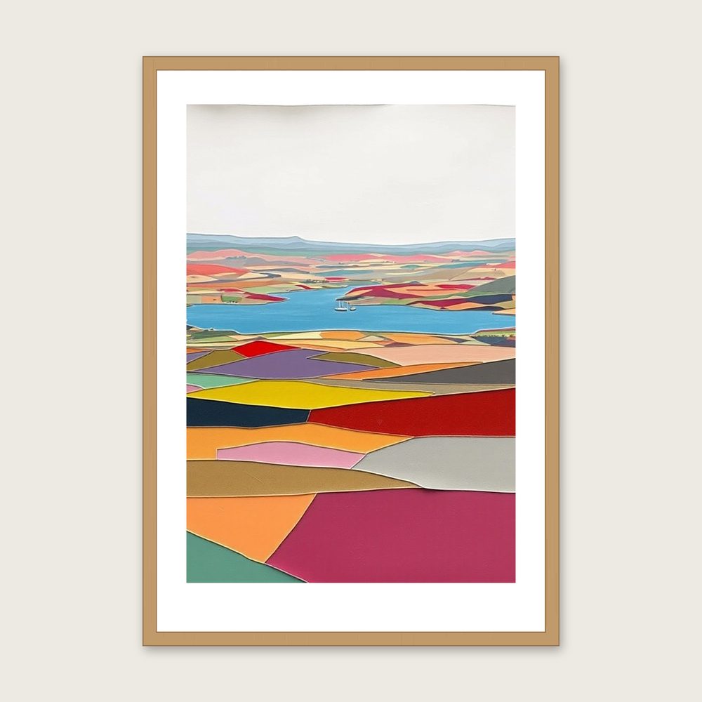 Framed Collage Print of Llangorse Lake - Colourful Landscape Wall Art - Oak Frame, A3