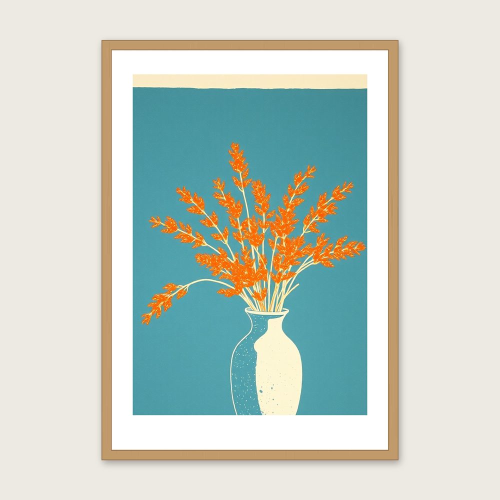 Samphire Linocut Print - Framed Bold Colour Botanical Wall Art in a oak frame