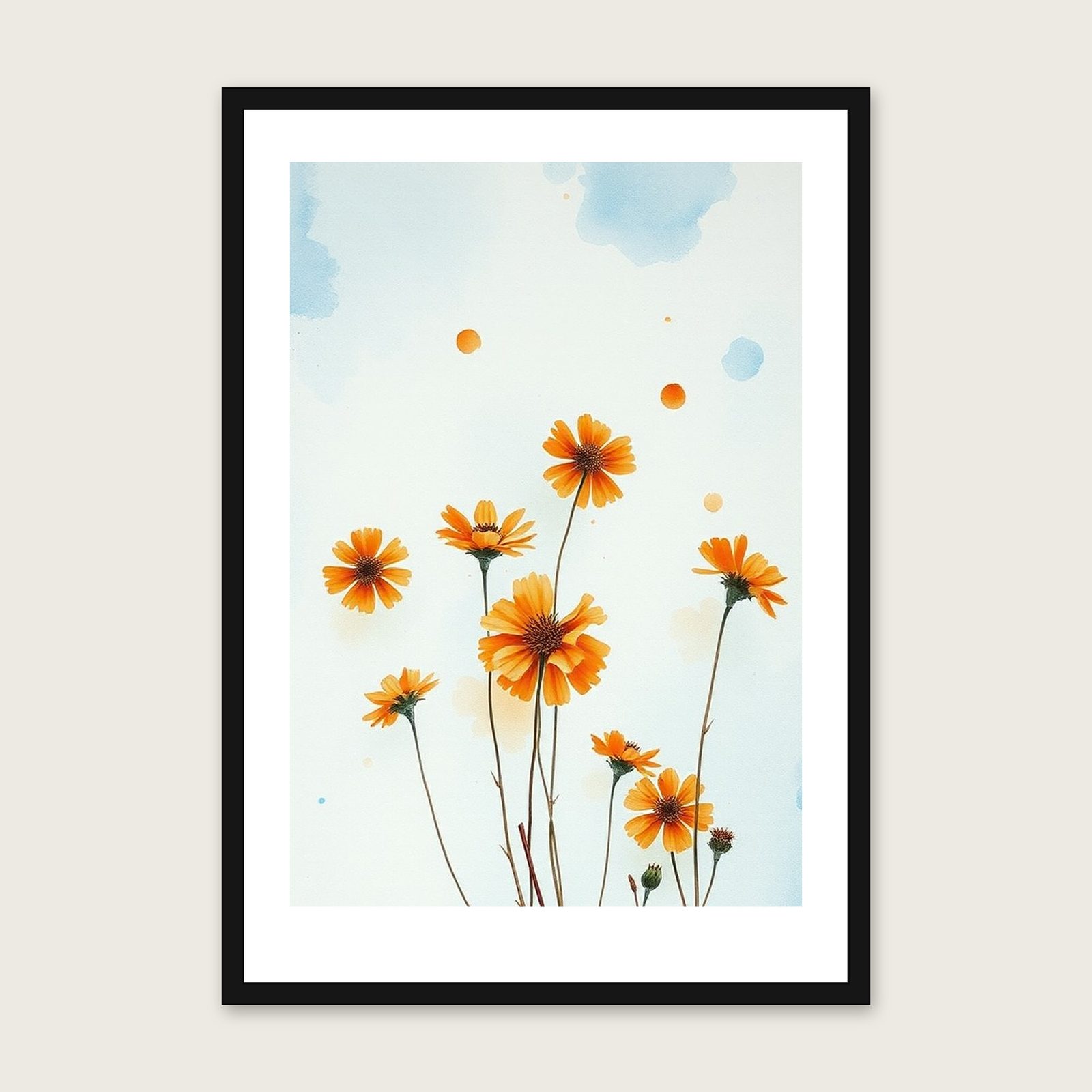 Scabious Watercolour Print - Framed Bold Colour Botanical Wall Art shown in a black frame