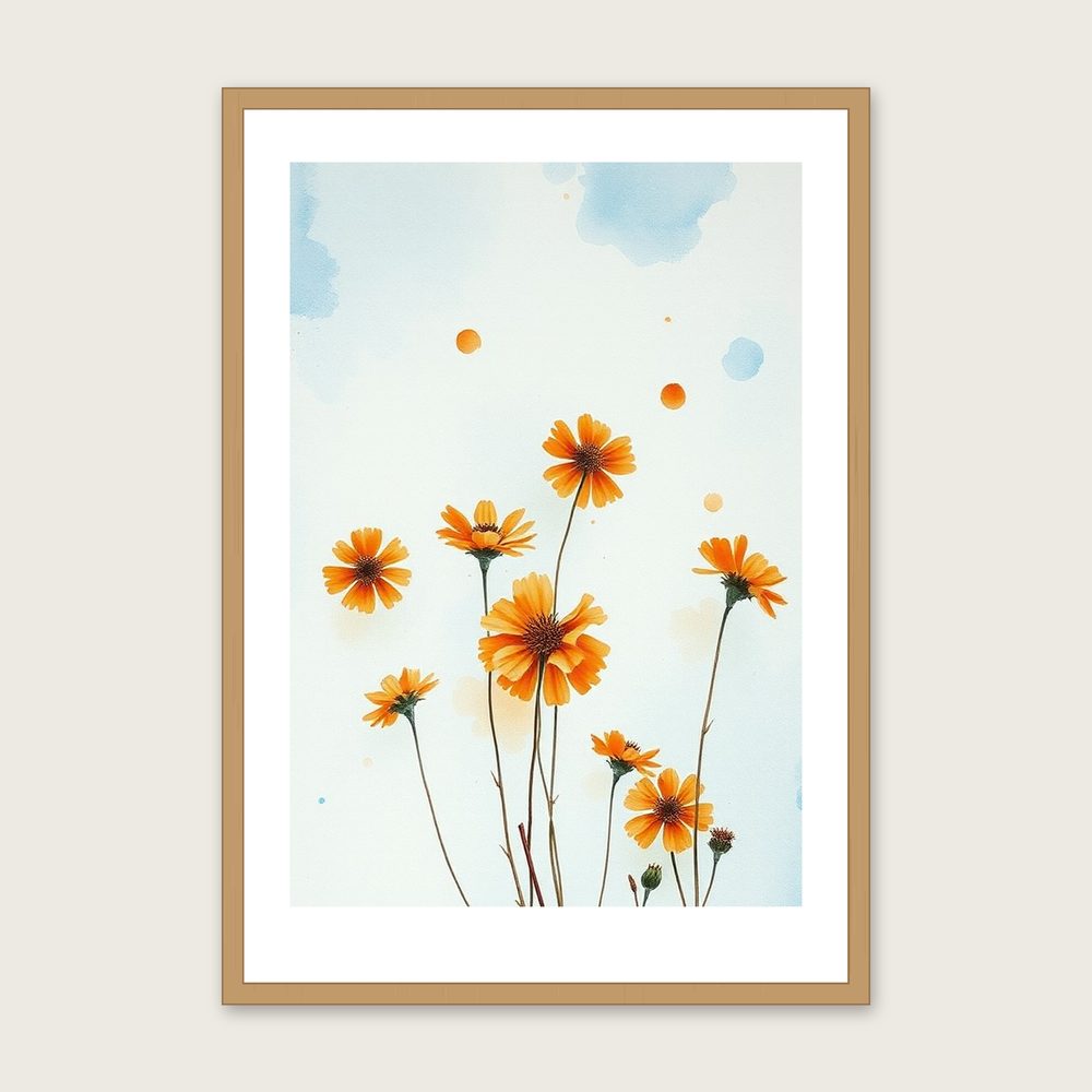 Scabious Watercolour Print - Framed Bold Colour Botanical Wall Art - Oak Frame, A3
