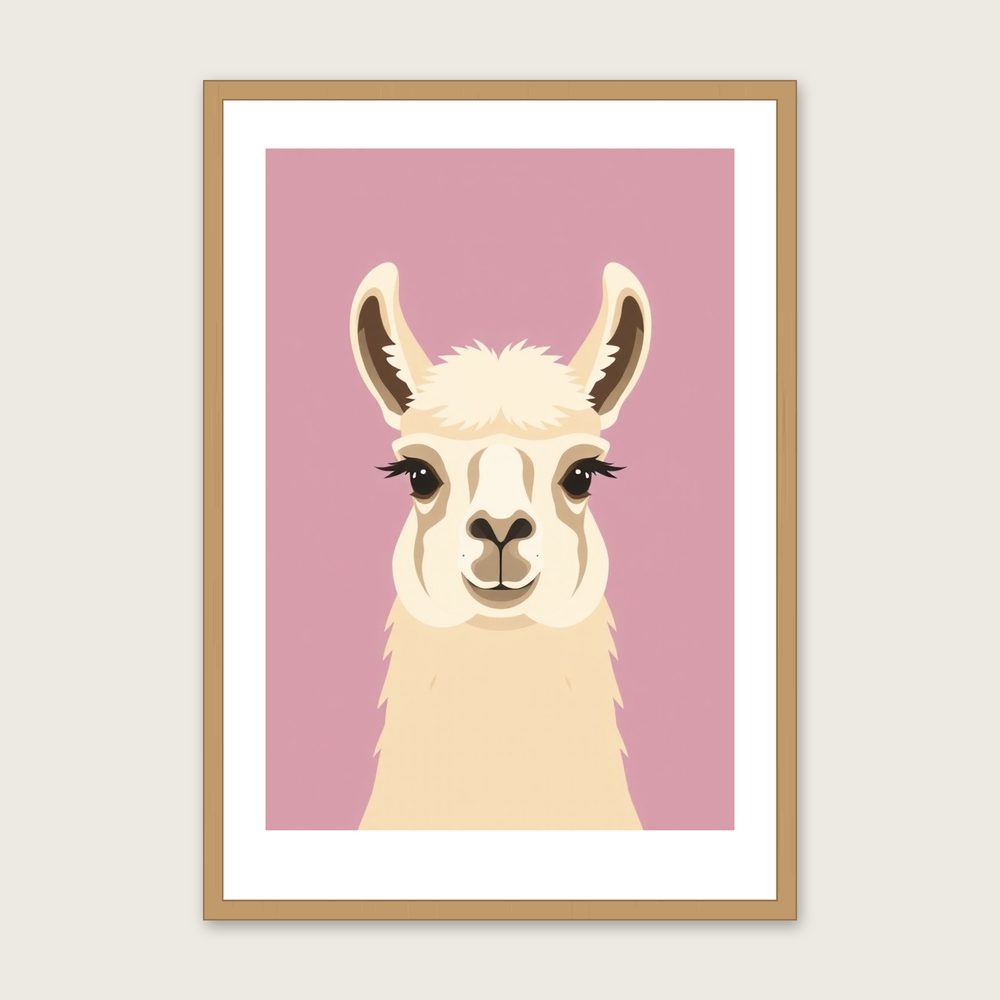Llama Animal Wall Art - Framed Two Tone Screen Print - Oak Frame, A3