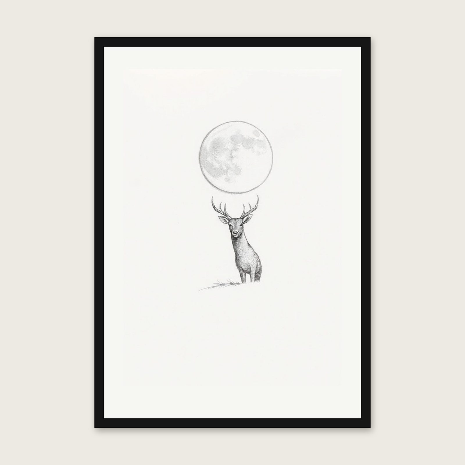 A Buck Moon in July - Framed Pencil Sketch Celestial Print in Neutral & Beige shown in a black frame
