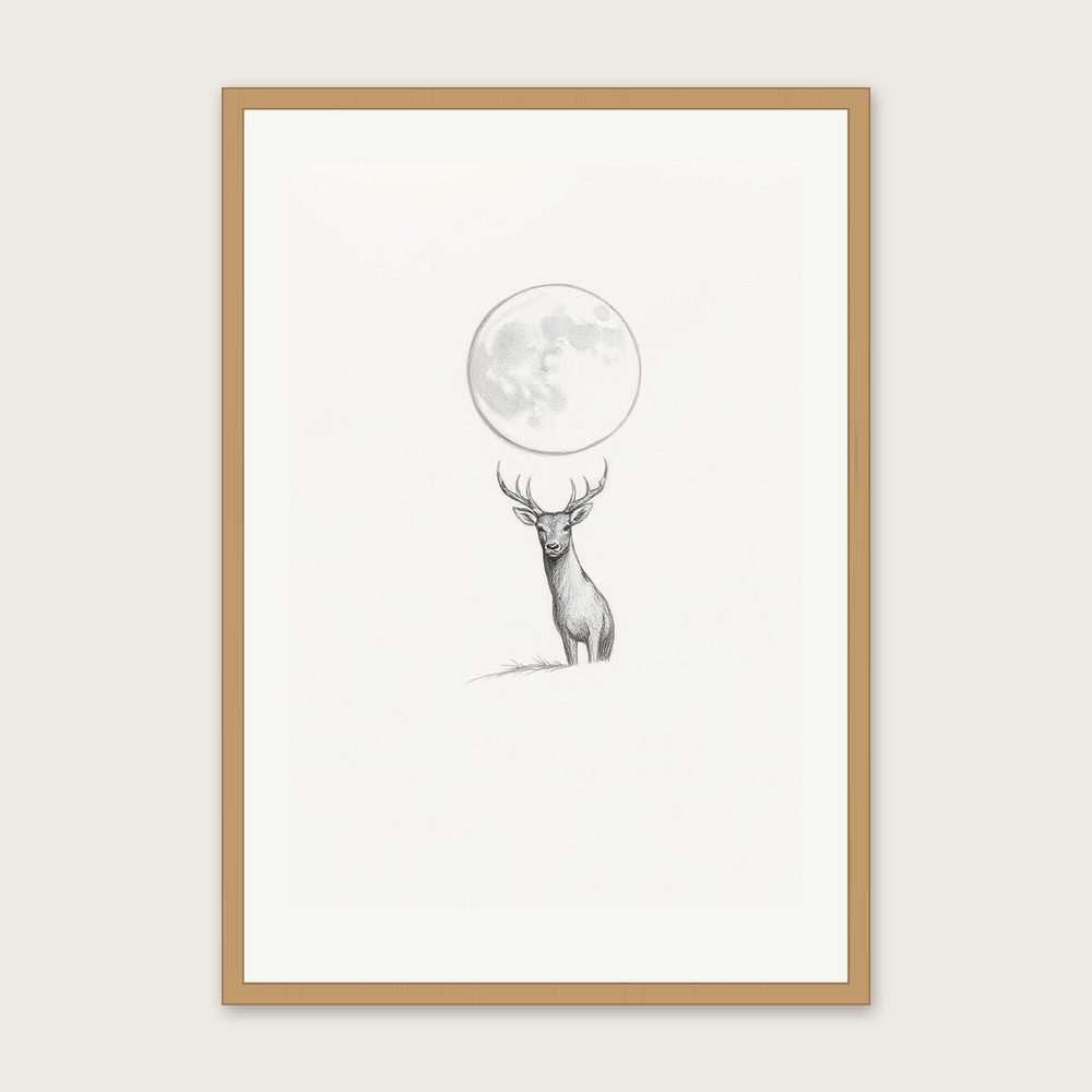 A Buck Moon in July - Framed Pencil Sketch Celestial Print in Neutral & Beige - Oak Frame, A3