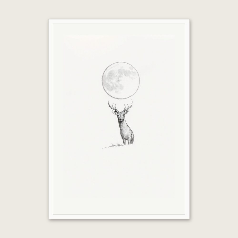 A Buck Moon in July - Framed Pencil Sketch Celestial Print in Neutral & Beige - White Frame, A3
