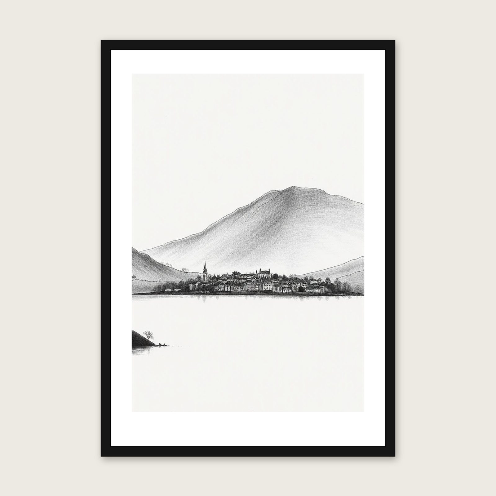 Framed Charcoal Print of Windermere - Black & White Landscape Wall Art shown in a black frame