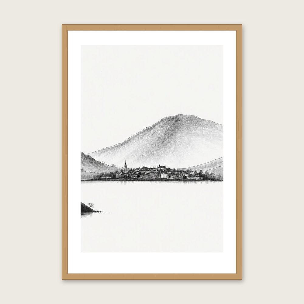 Framed Charcoal Print of Windermere - Black & White Landscape Wall Art in a oak frame