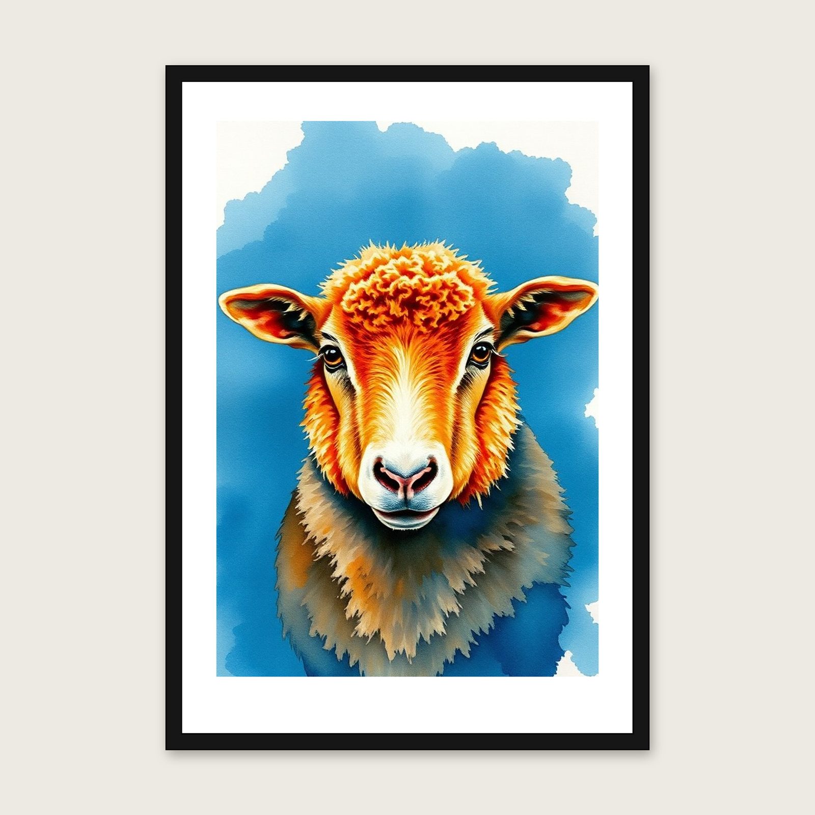 Valais Blacknose Sheep Watercolour Print - Framed Bold Colour Animal Wall Art shown in a black frame