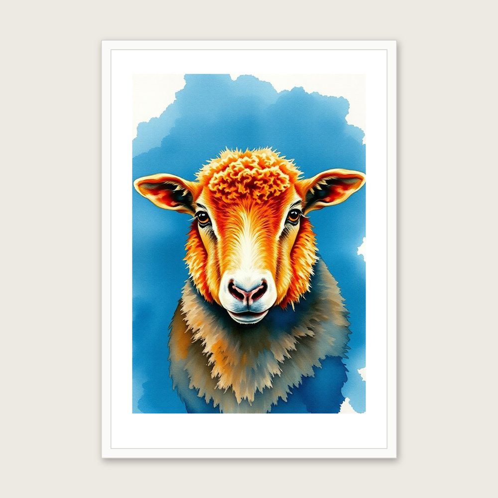 Valais Blacknose Sheep Watercolour Print - Framed Bold Colour Animal Wall Art in a white frame