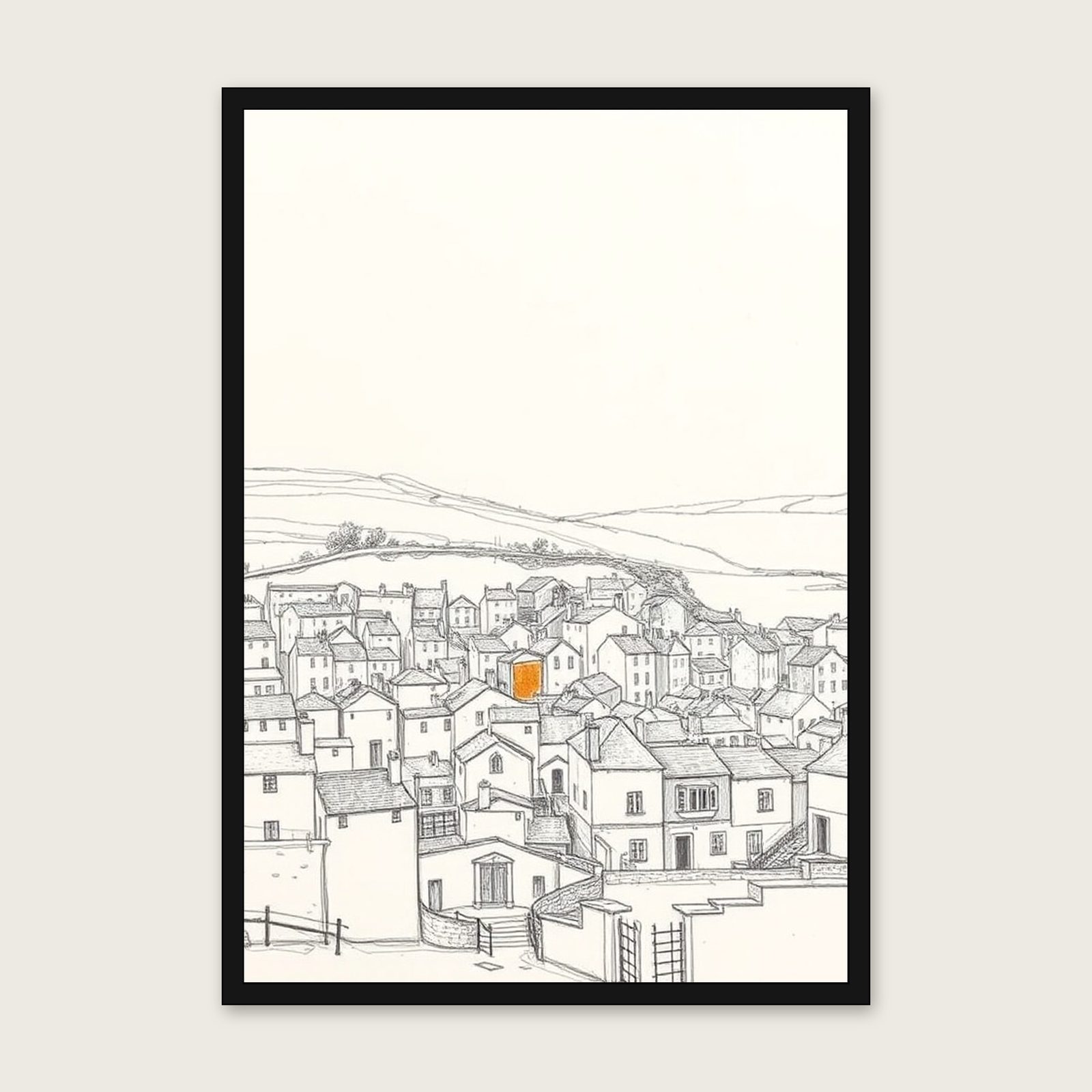 Framed Pencil Sketch Print of Gorran Haven - Neutral & Beige Landscape Wall Art shown in a black frame