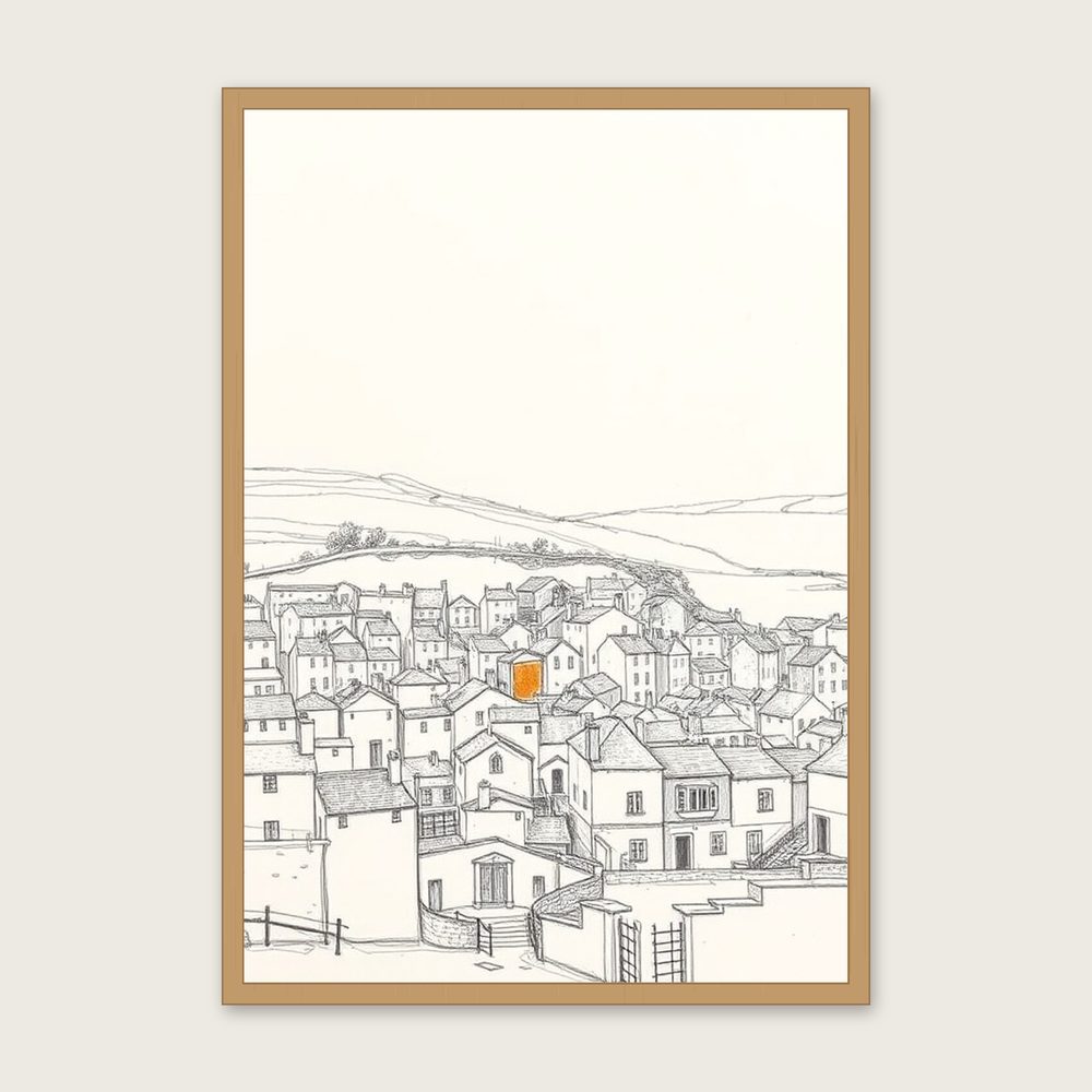 Framed Pencil Sketch Print of Gorran Haven - Neutral & Beige Landscape Wall Art in a oak frame