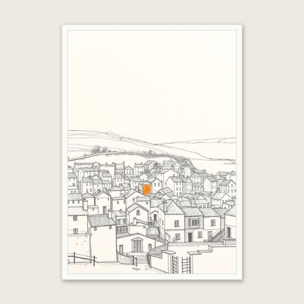 Framed Pencil Sketch Print of Gorran Haven - Neutral & Beige Landscape Wall Art in a white frame
