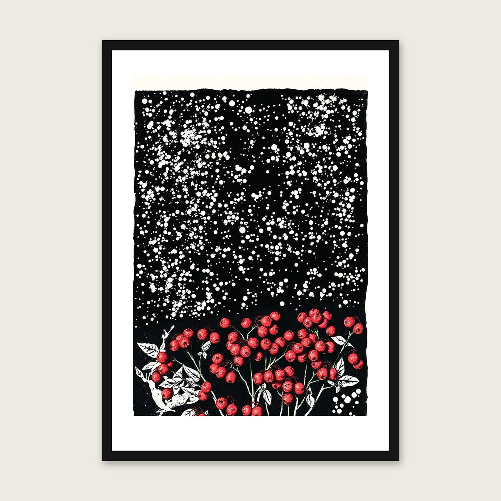Framed Linocut Print of Bearberry - Two Tone Botanical Wall Art shown in a black frame