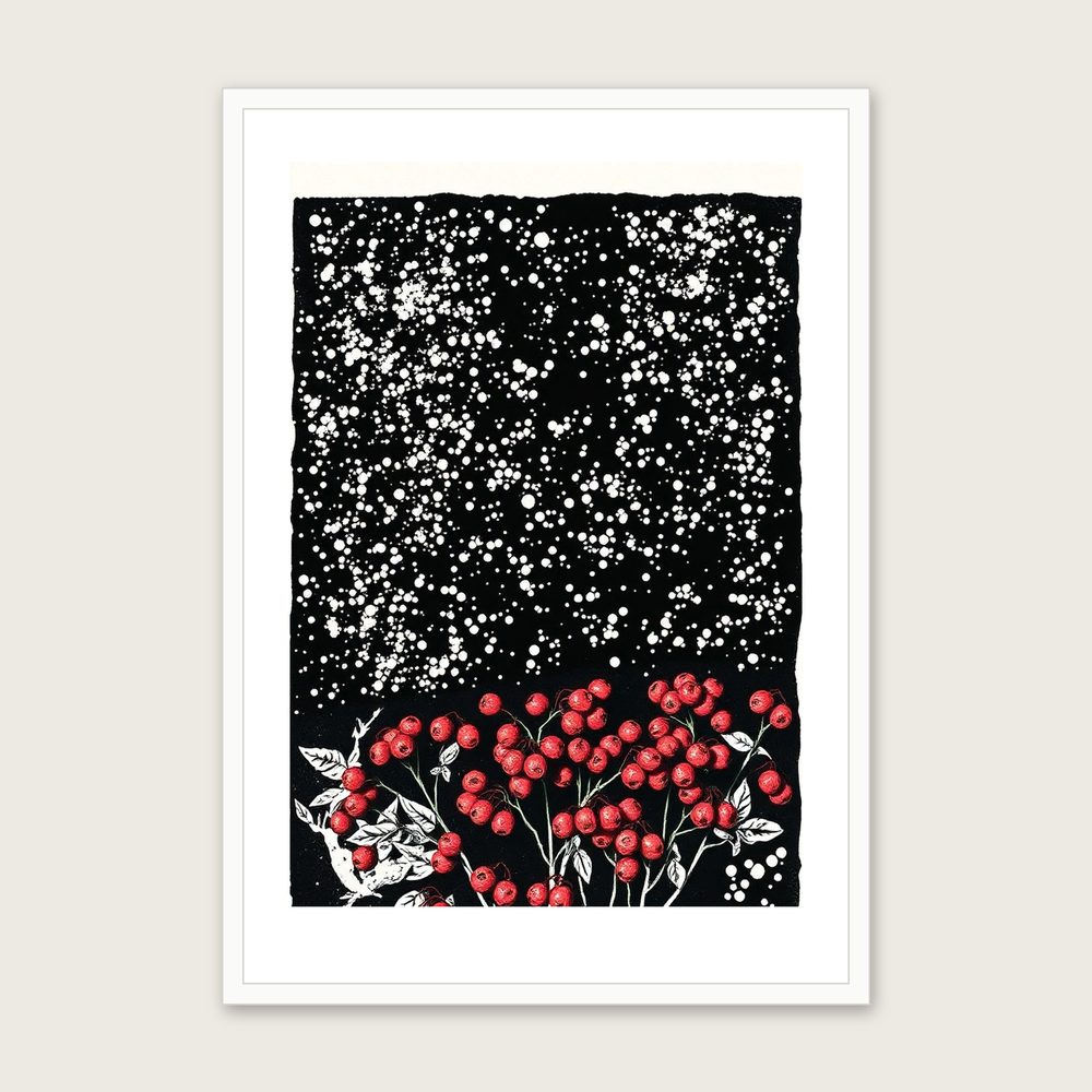Framed Linocut Print of Bearberry - Two Tone Botanical Wall Art in a white frame