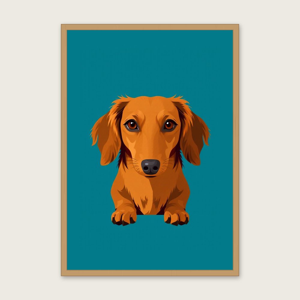 Dachshund Long Haired Animal Wall Art - Framed Bold Colour Screen Print - Oak Frame, A3
