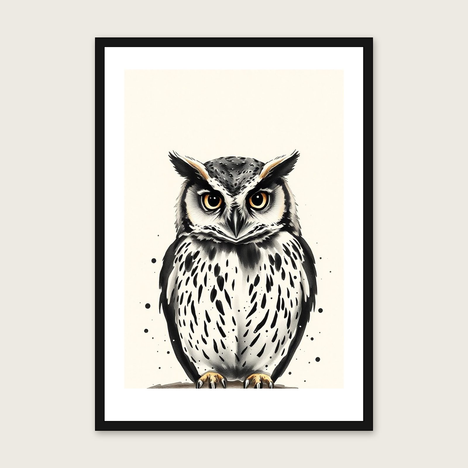 Short-eared Owl - Framed Ink Wash Animal Print in Black & White shown in a black frame