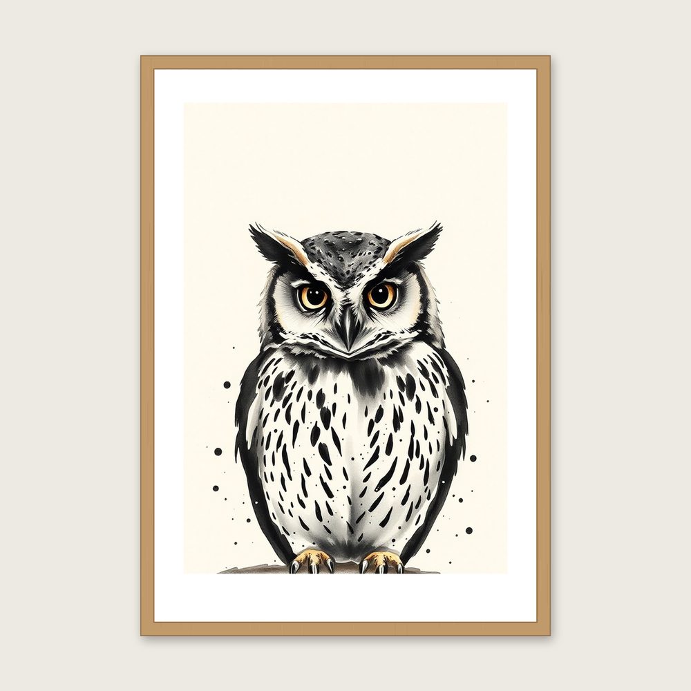 Short-eared Owl - Framed Ink Wash Animal Print in Black & White in a oak frame