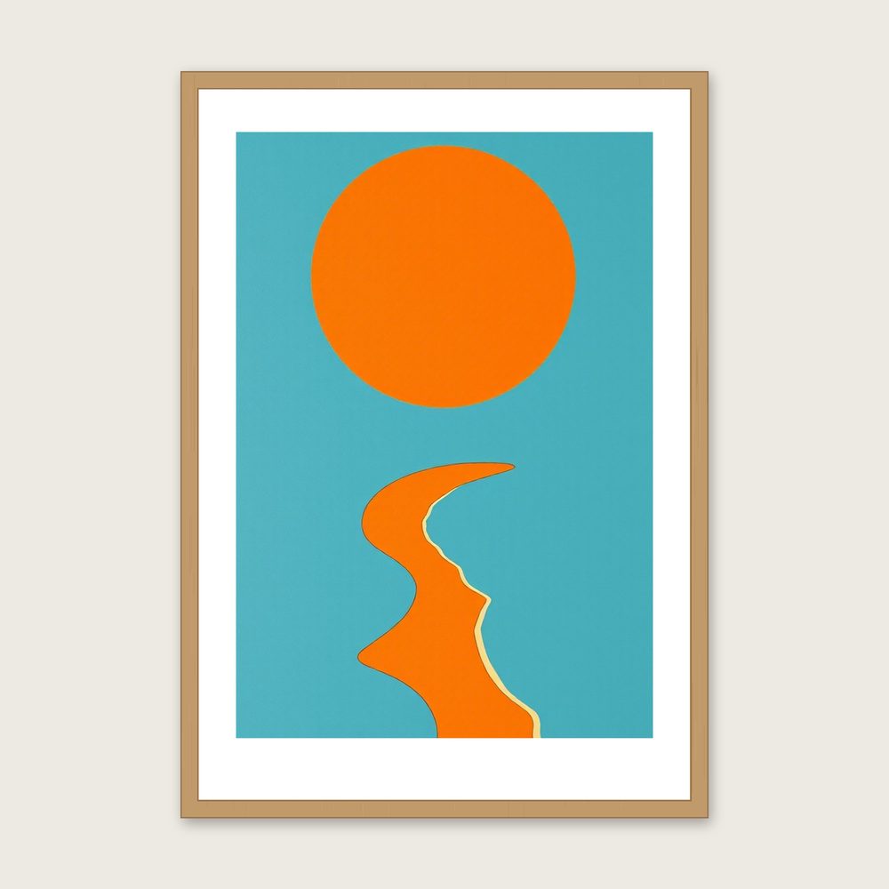 Freshwater Bay Gouache Print - Framed Bold Colour Landscape Wall Art - Oak Frame, A3