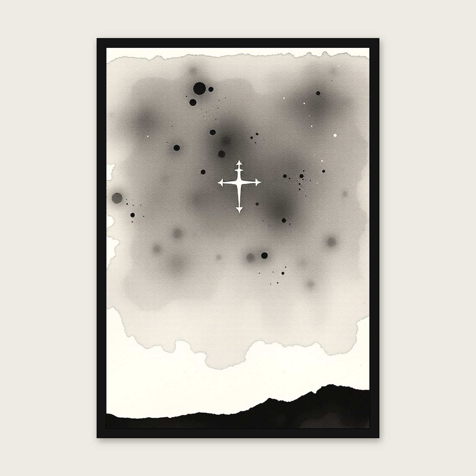 The Constellation Crux the Southern Cross Ink Wash Wall Art - Framed Black & White Print shown in a black frame