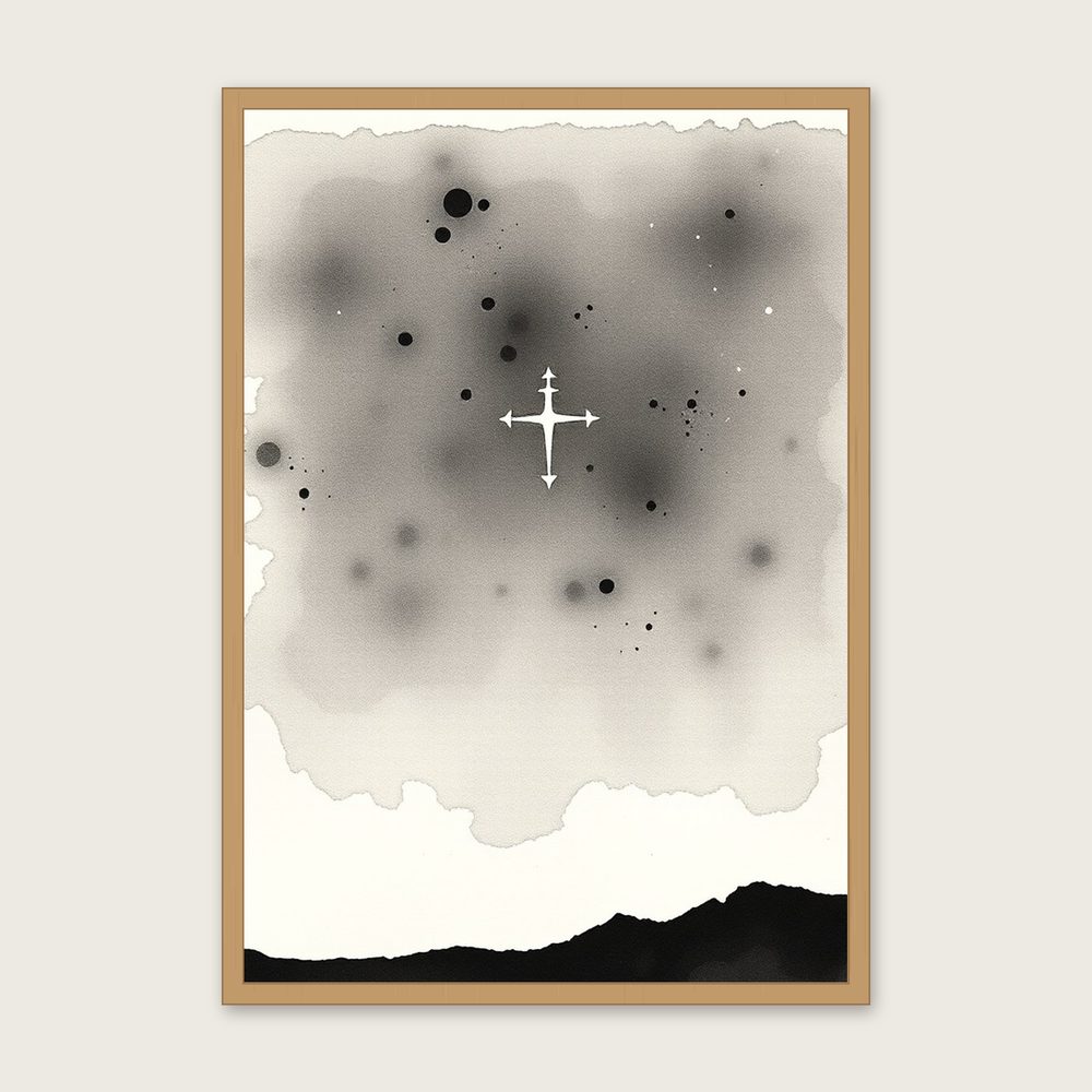 The Constellation Crux the Southern Cross Ink Wash Wall Art - Framed Black & White Print in a oak frame
