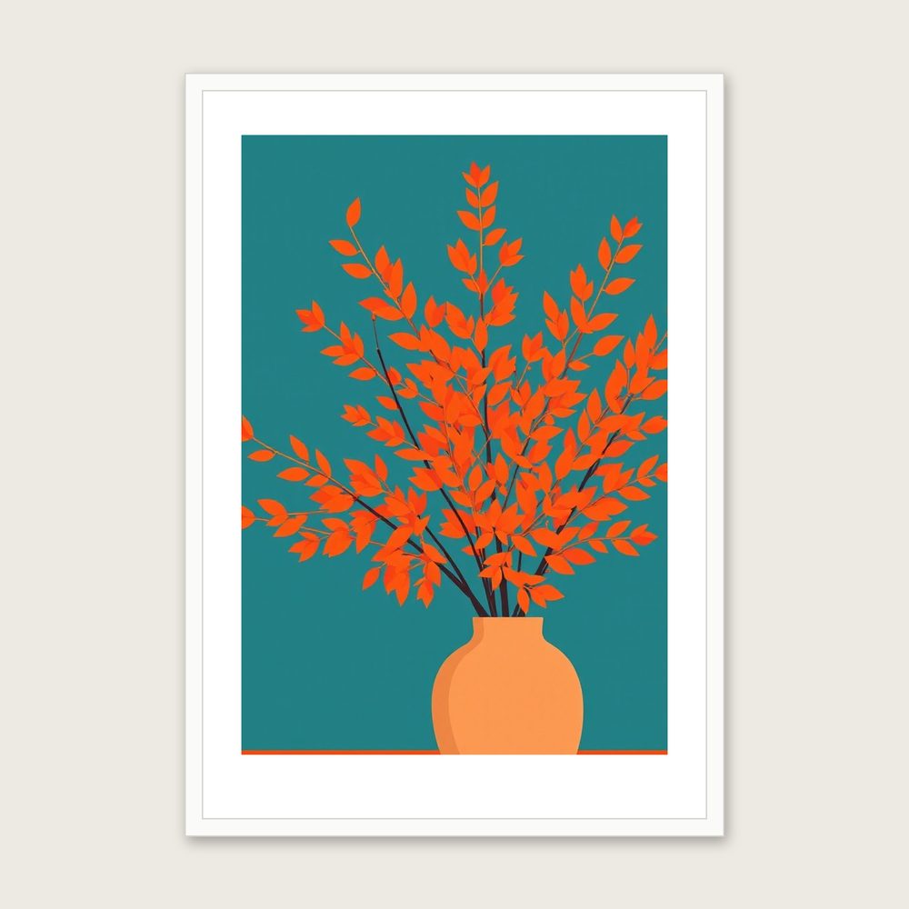 European Larch in Autumn - Framed Screen Print Botanical Print in Bold Colour in a white frame