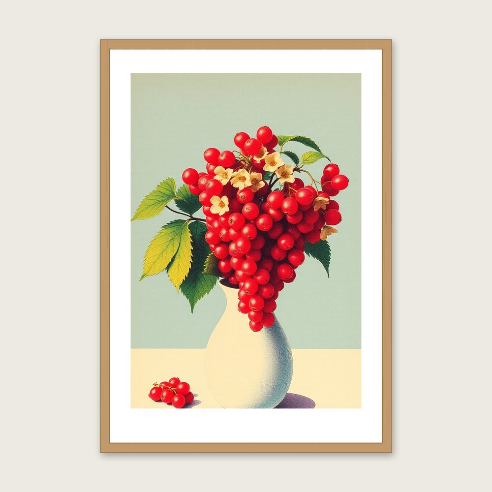Flowering Currant Riso Print Wall Art - Framed Colourful Print in a oak frame
