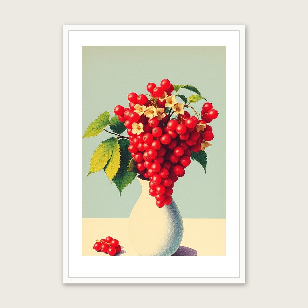 Flowering Currant Riso Print Wall Art - Framed Colourful Print in a white frame
