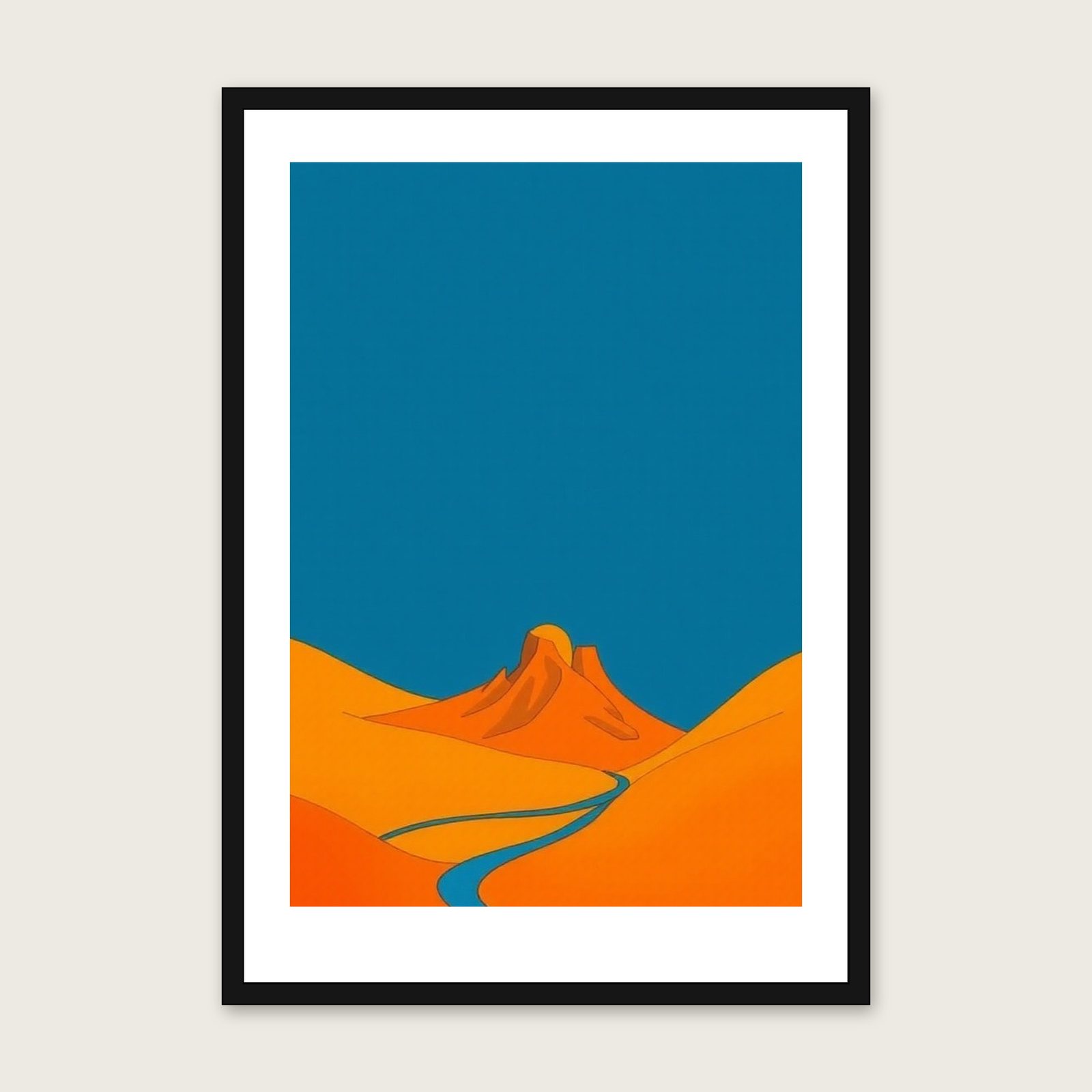 Cape Cornwall - Framed Gouache Landscape Print in Bold Colour shown in a black frame