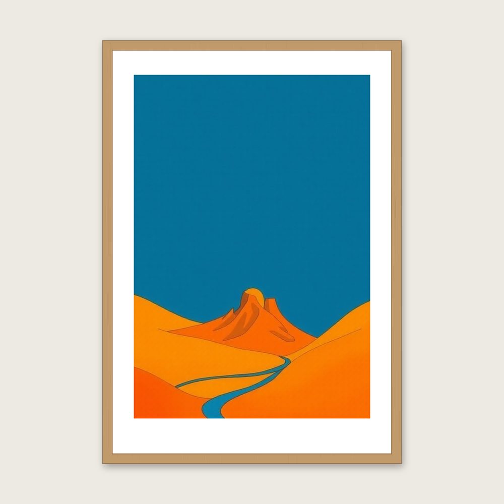 Cape Cornwall - Framed Gouache Landscape Print in Bold Colour in a oak frame